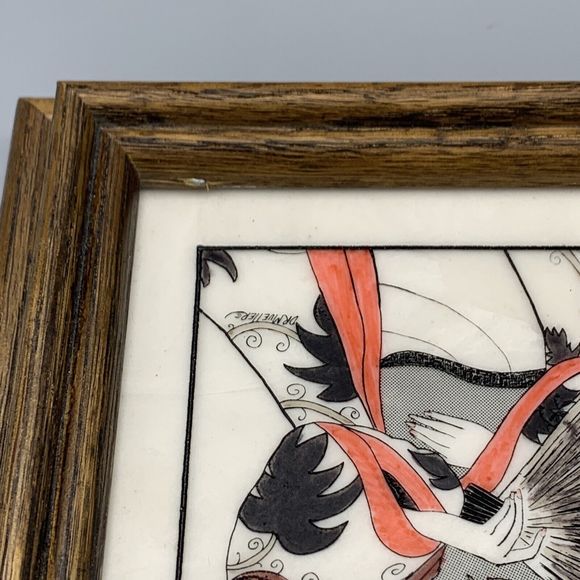 Framed Geisha Girl in Kimono Robe Fan Etched Art D R Mueller Signed Faux Marble - Picture 14 of 14